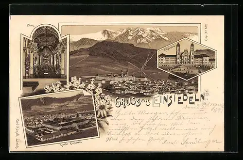 Lithographie Einsiedeln, Kloster, Klosterkirche, Chor, Ortsansicht