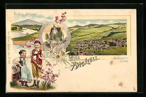 Lithographie Appenzell, Teilansicht von Süden, Schloss, Blick ins Sitterthal
