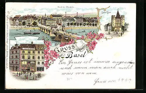 Lithographie Basel, Blick auf Rheinbrücke mit Klein-Basel, Spalen-Thor und Kaufhaus von Julius Brann