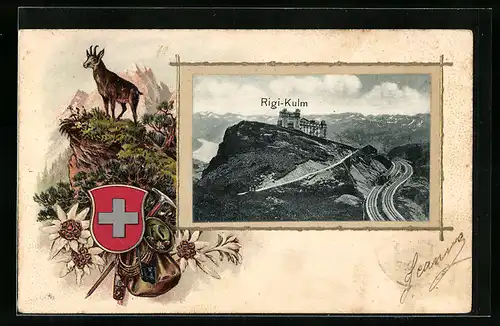 AK Rigi-Kulm, Ansicht eines prächtigen Gebäudes, Wappen und Bergsteigerausrüstung