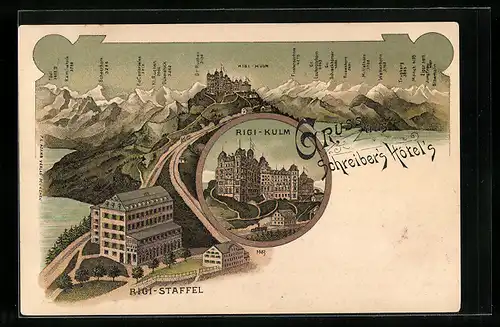 Lithographie Rigi, Hotel Schreiber Rigi-Kulm, Hotel Rigi-Staffel