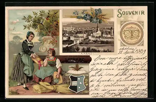 Lithographie Aarau, Kakao Suchard, Damen in Tracht beim Hutflechten