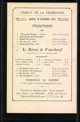 Künstler-AK Neuchatel, Noel 1910, 10 Decembre, Union Commerciale, Chalet de la Promenade