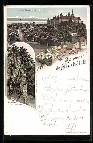 Lithographie Neuchatel, Vue generale et Chateau, Gorges de l`Areuse, Edelweiss