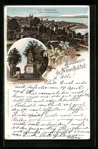 Lithographie Neuchatel, Vue Generale, Baie du Mont Blanc & Statue David de Pury