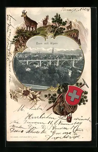 AK Bern, Stadtansicht mit Alpen, Wappen und Bergsteigerausrüstung