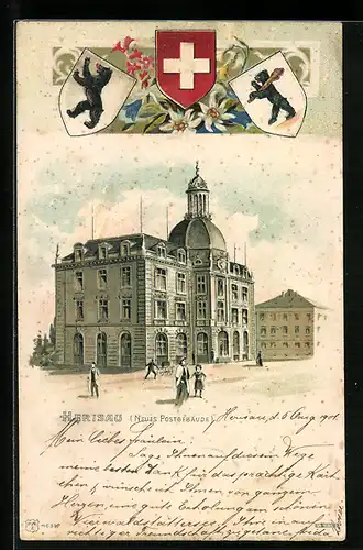 Lithographie Herisau, Blick zum neuen Postgebäude, Wappen