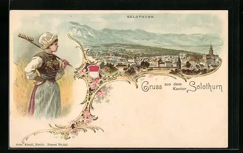 Lithographie Solothurn, Stadtansicht, Frau in Tracht