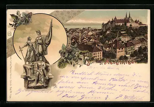 Lithographie Neuchatel, Ortsansicht aus der Vogelschau, Denkmal