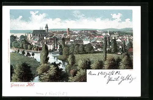 AK Hof, Panorama mit Flusslauf aus der Vogelschau