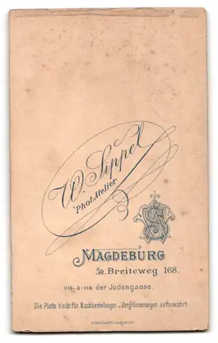 Fotografie W. Sippel, Magdeburg, Breiteweg 168, Junger Herr mit gezwirbeltem Schnurrbart und Fliege