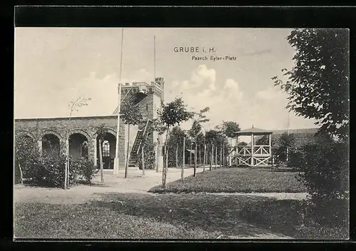 AK Grube i. H., Paasch Eyler-Platz mit Pavillon und Turmgebäude