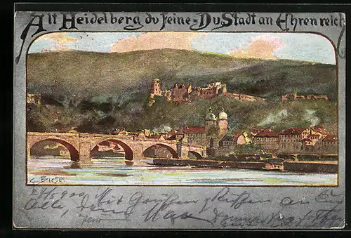 Künstler-AK Heidelberg, Ortsansicht mit Brücke