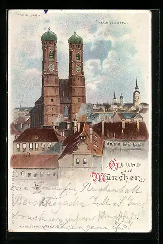 Lithographie München, Teilansicht mit Frauenkirche
