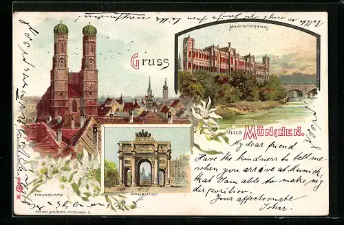 Lithographie München, Siegesthor, Maximilianeum, Frauenkirche