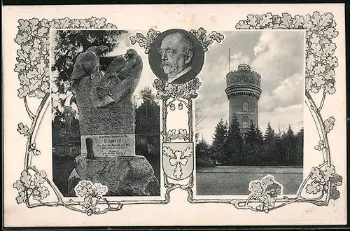 Passepartout-AK Aumühle, Bismarckdenkmal mit Portrait und Turm