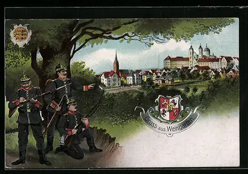 AK Weingarten, Ortsansicht mit Soldaten in Kaiserlicher Uniform, Wappen