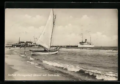AK Heringsdorf, Strand mit Seebrücke und Dampfer