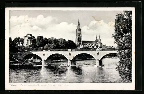 AK Ulm, Donaubrücke mit Blick auf den Ort mit Kirche