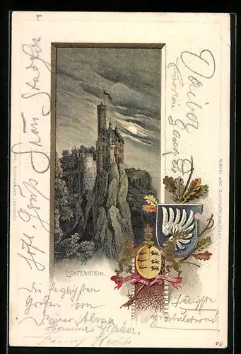Passepartout-Lithographie Lichtenstein, Blick auf Burg, Wappen