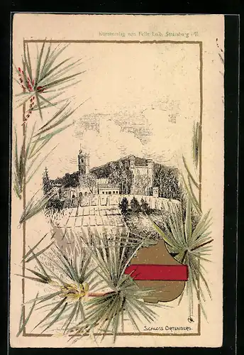 Passepartout-Lithographie Ortenberg, Schloss gerahmt von Kiefernzweigen, Wappen