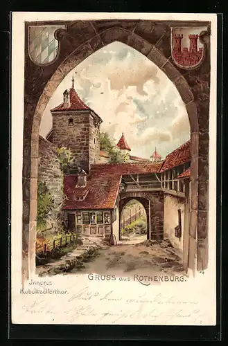 Lithographie Rothenburg, Blick vom Inneren des Koboltzellerthor