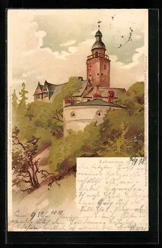 Lithographie Falkenstein, der Kirchturm auf dem Berg