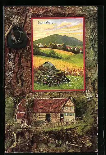 AK Moritzberg, Blick über Felder auf den Ort, Rahmen mit Haus und Bergsteigerrucksack