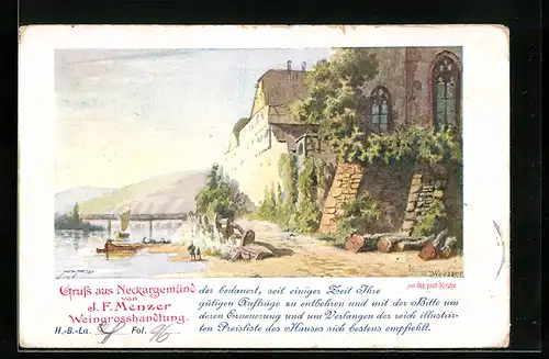 Künstler-AK Neckargemünd, Neckarpartie an der prot. Kirche