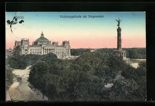 AK Berlin, Reichstagsgebäude und Siegessäule im Abendrot