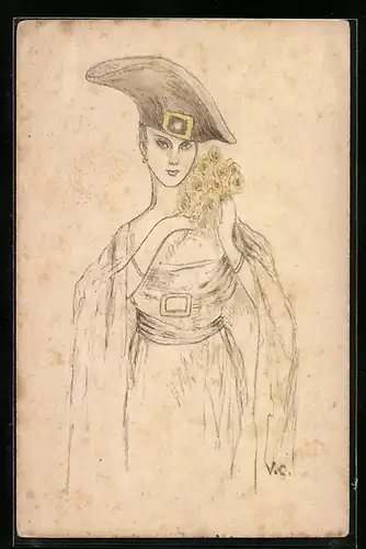 Künstler-AK Handgemalt: Dame im elegantem Kleid und mit extravagantem Hut