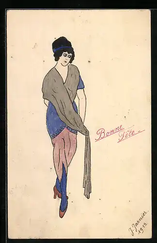Künstler-AK Handgemalt: Bonne fete, Hübsche Dame mit Tuch in Jugendstilmode