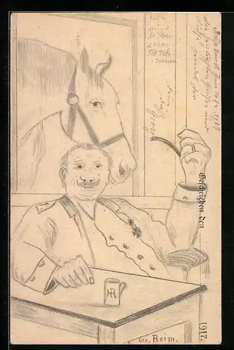 Künstler-AK Handgemalt: Soldat mit Pfeife am Tisch während das Pferd zum Fenster hereinschaut