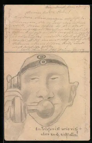 Künstler-AK Handgemalt: Soldat als Telefonist, Ein Telefonist weis viel-aber auch nicht alles!