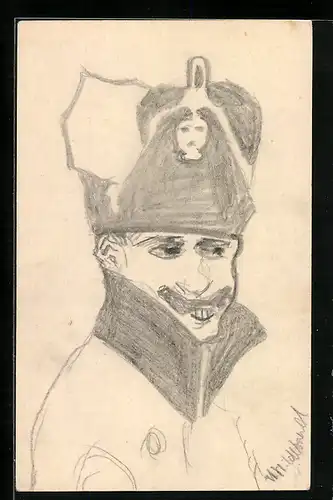 Künstler-AK Handgemalt: Soldat in Uniform und mit Schnauzbart