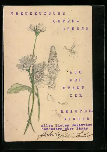 Künstler-AK Handgemalt: Treudeutsche Ostergrüsse, Zwerg inmitten von Blumen und Biene