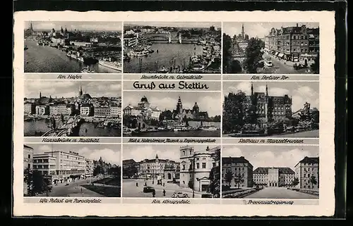 AK Stettin, Hansabrücke mit Stadtbild, Provinzialregierung, Ufa-Palast am Paradenplatz