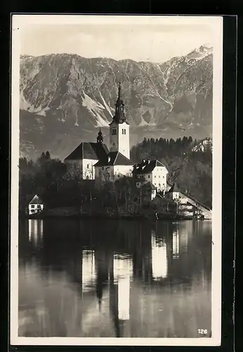 AK Bled, Uferpartie mit Kirche