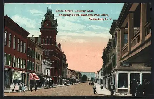 AK Waterford, NY, Broad Street with Town Hall and Post Office
