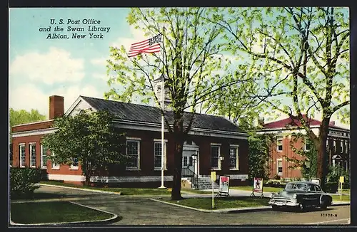 AK Albion, NY, US Post Office and the Swan Library