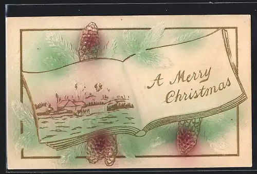 Präge-Airbrush-AK Weihnachtsgrüsse, Ortsansicht, Tannenzapfen