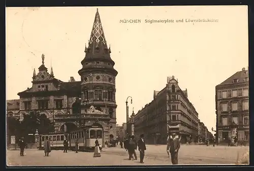 AK München, Stiglmairplatz und Löwenbräukeller, Strassenbahn