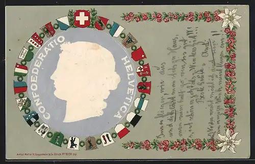 AK Lausanne, Fete Fédérale du Grutli 1905, Confoederatio Helvetica, Wappen und Frauenbildnis