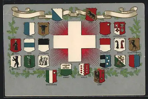 AK Schweiz, Wappen der Kantone mit Wallis, Unterwalden & Zug