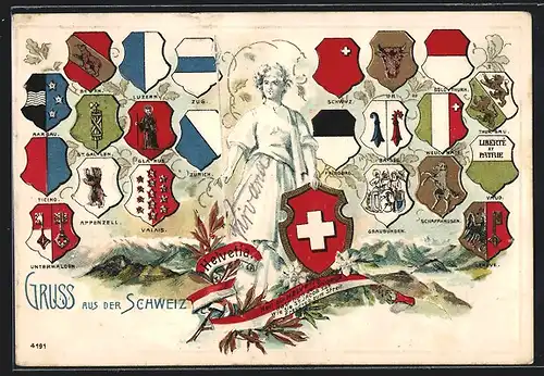 Präge-Lithographie Helvetia mit den Wappen der Kantone