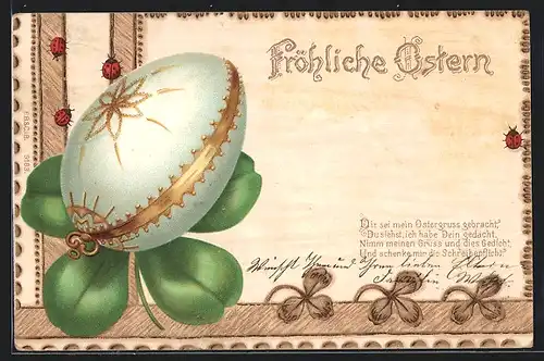 Holzbrand-Imitations-AK Osterei mit Glücksklee