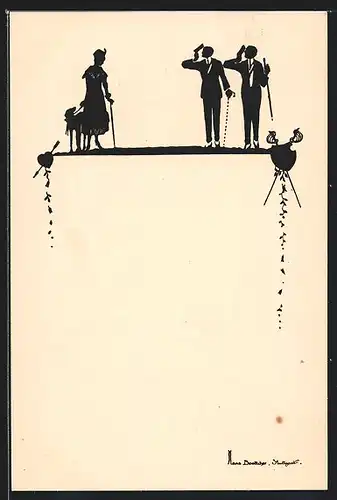 AK Zwei Studenten grüssen eine Dame, Schattenbild