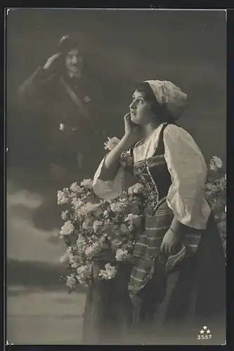 Foto-AK Junge Frau im Dirndl mit salutierendem Geist