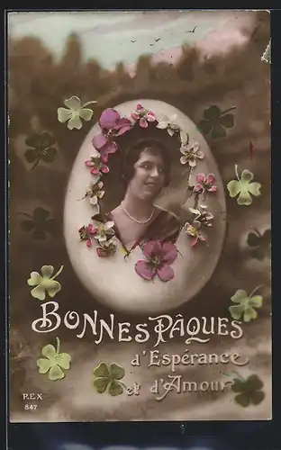 AK Junge Dame in einem Ei mit Blumen, Ostergruss