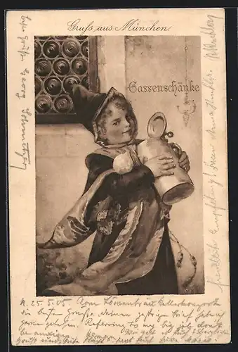 AK München, Münchner Kindl vor der Gassenschänke